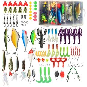 88-Piece Saltwater and Freshwater Fishing Lure Kit Bass Trout Fishing Accessories Tackle Box, including soft plastic worms, crankbaits, bait clips, fish hooks.