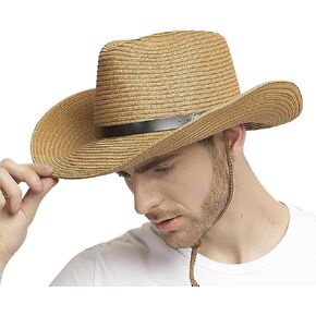 Cowboy Straw Sun Hat for Men UPF 50+ Summer Beach UV Panama Fedora Cowgirl Western Shapeable Brim Outdoor Cap with Belt
