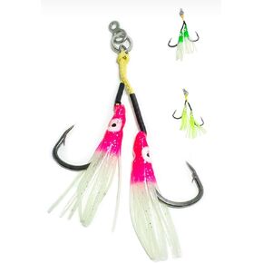 Large Twin Assist Hooks with 500 Pound Kevlar Assist Cord rigged and ready to add to jigs. Include Heavy Duty Split Ring and Gourd Ring. 5 Pack (10 Hooks)