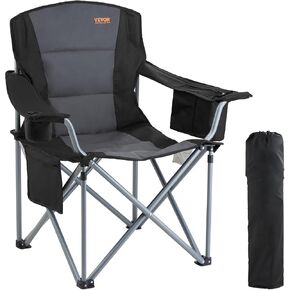 VEVOR Camping Folding Chair, Portable Heavy Duty Outdoor Quad Lumbar Back Padded with Side Pockets, Cup Holder and Cooler Bag for Beach, Lawn, Picnic, Fishing, Backpacking, Black