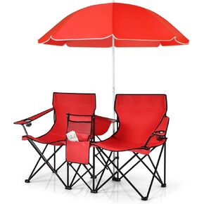 LUARANE Folding Double Camping Chair, Outdoor Picnic Chairs w/Removable Umbrella, Mini Table, Cup Holder & Carrying Bag, Portable Camping Loveseat for Patio, Pool, Lawn, Beach, Park (Black)