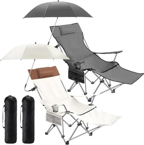 طقمان من كرسي الشاطئ مع مظلة، كرسي تخييم قابل للاستلقاء مع مسند للقدمين، مظلة كرسي قابلة للتعديل مع مشبك، عامل حماية من الشمس 50+، كرسي استرخاء شبكي قابل للطي للاستخدام في الهواء الطلق (رمادي، أبيض، أكسفورد) in Kuwait