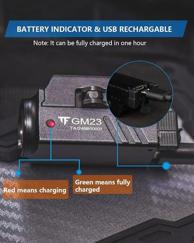 ضوء مسدس، ضوء سلاح 800 لومن، أضواء مسدس قابلة لإعادة الشحن عبر USB، مصباح يدوي سريع التحرير، متوافق مع Glock 17 و19، مناسب لمعيار 1913 وسكة Picatinny (TrustFire GM23) in Kuwait