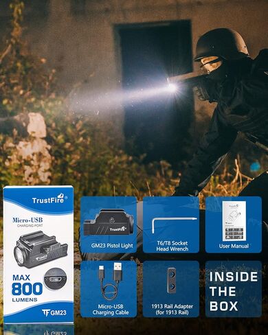 ضوء مسدس، ضوء سلاح 800 لومن، أضواء مسدس قابلة لإعادة الشحن عبر USB، مصباح يدوي سريع التحرير، متوافق مع Glock 17 و19، مناسب لمعيار 1913 وسكة Picatinny (TrustFire GM23) in Kuwait