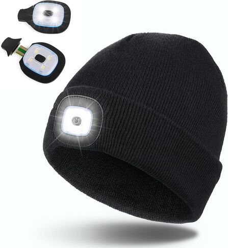 Christmas Gifts for Men Unisex LED Beanie with Two Lamps Hands Free Kint Headlamp Hat with Light (Black) in Saudi Arabia