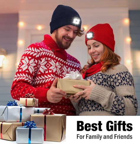 Christmas Gifts for Men Unisex LED Beanie with Two Lamps Hands Free Kint Headlamp Hat with Light (Black) in Saudi Arabia