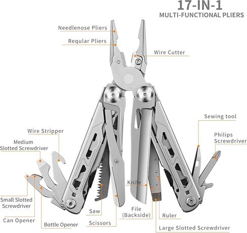 Multitool Pliers, 17-In-1 Heavy Duty Survival Multi-Tool with Sheath, Perfect Gadgets for EDC Survival Camping Hiking, Stocking Stuffers and Gifts for Men in Kuwait