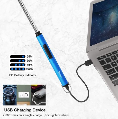 ولاعة فلورسنت من سوبروس تتوهج في الظلام برقبة مرنة 360 درجة قابلة لإعادة الشحن عبر USB ومضادة للرياح وآمنة ثلاثية للشموع والطهي والشواء في الحفلات (أزرق) in Kuwait
