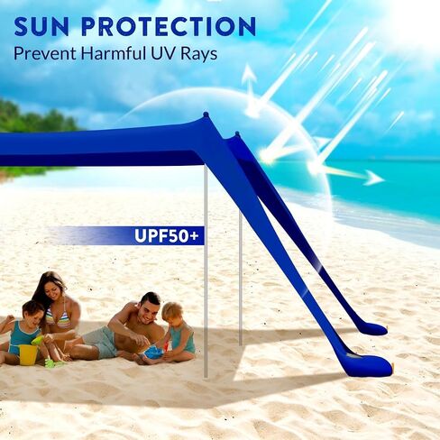 Beach Tent Sun Shelter - UPF50 Beach Canopy Portable Sun Shelter 2 Aluminum Poles, Ground Pegs, Sand Bags, Wind Ropes, Shovel, Bag for Camping, Picnic, Fishing, Backyard 7x7FT (Navy Blue) in Saudi Arabia