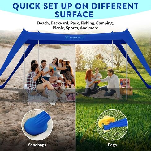 Beach Tent Sun Shelter - UPF50 Beach Canopy Portable Sun Shelter 2 Aluminum Poles, Ground Pegs, Sand Bags, Wind Ropes, Shovel, Bag for Camping, Picnic, Fishing, Backyard 7x7FT (Navy Blue) in Saudi Arabia