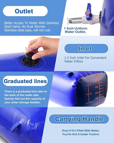 Water Storage Bladder with Graduated Visible, Large Capacity Water Storage Containers, PVC Water Tank with Valve and Overflow Kit, Foldable Tank for Outdoor and Emergencies 29gal/110L, Blue in Saudi Arabia
