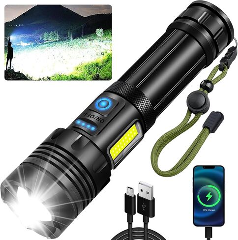 مصباح يدوي LED قابل لإعادة الشحن، 990000 لومن عالي الإضاءة مع زوومابلي، 7 أوضاع ومصباح فلاش قوي COB، مقاوم للماء IPX7، مصباح يدوي تكتيكي فائق السطوع للمنزل والتخييم وحالات الطوارئ in Saudi Arabia