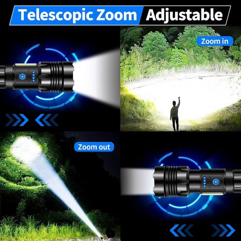 مصباح يدوي LED قابل لإعادة الشحن، 990000 لومن عالي الإضاءة مع زوومابلي، 7 أوضاع ومصباح فلاش قوي COB، مقاوم للماء IPX7، مصباح يدوي تكتيكي فائق السطوع للمنزل والتخييم وحالات الطوارئ in Saudi Arabia