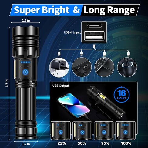 مصباح يدوي LED قابل لإعادة الشحن، 990000 لومن عالي الإضاءة مع زوومابلي، 7 أوضاع ومصباح فلاش قوي COB، مقاوم للماء IPX7، مصباح يدوي تكتيكي فائق السطوع للمنزل والتخييم وحالات الطوارئ in Saudi Arabia