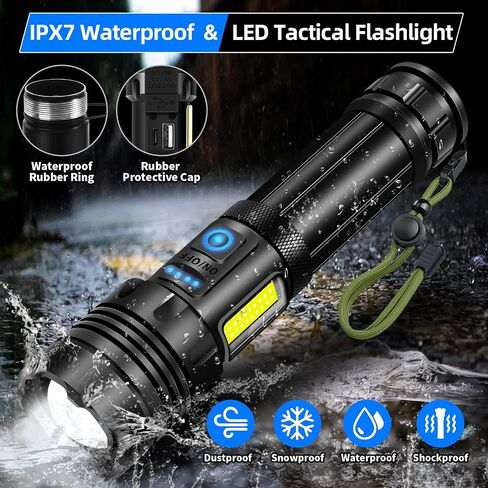 مصباح يدوي LED قابل لإعادة الشحن، 990000 لومن عالي الإضاءة مع زوومابلي، 7 أوضاع ومصباح فلاش قوي COB، مقاوم للماء IPX7، مصباح يدوي تكتيكي فائق السطوع للمنزل والتخييم وحالات الطوارئ in Saudi Arabia