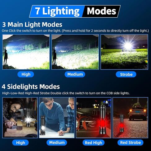 مصباح يدوي LED قابل لإعادة الشحن، 990000 لومن عالي الإضاءة مع زوومابلي، 7 أوضاع ومصباح فلاش قوي COB، مقاوم للماء IPX7، مصباح يدوي تكتيكي فائق السطوع للمنزل والتخييم وحالات الطوارئ in Saudi Arabia