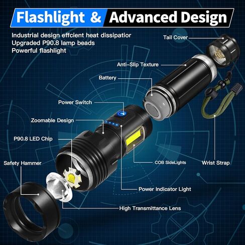 مصباح يدوي LED قابل لإعادة الشحن، 990000 لومن عالي الإضاءة مع زوومابلي، 7 أوضاع ومصباح فلاش قوي COB، مقاوم للماء IPX7، مصباح يدوي تكتيكي فائق السطوع للمنزل والتخييم وحالات الطوارئ in Saudi Arabia