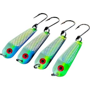 Loony Spoons - Premium Fishing Lures - Set of 4 - Salmon, Lake Trout - Walleye (Herring Aid, Green Hornet, Blue Dorado and Lemon Lime)