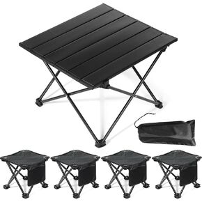 Tioncy 5 Pcs Collapsible Portable Camping Table and Camping Stool Set Include Aluminum Folding Table and 4 Portable Folding Stool for Outdoor Picnic Camp Travel Beach Walking Hiking Fishing, Black