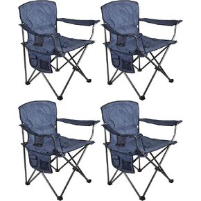 Oversized Portable Padded Seat Outdoor Folding Supportive Arm Chairs with Cup Holder and Storage Pocket, 4 Pack, Blue