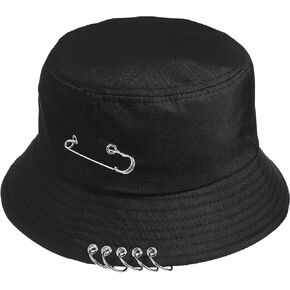 BESTOYARD Chic Unisex Bucket Hat Sunhat Bonnie Caps Summer Packable with Pin Piercing Decorations (Black), 30 x30 x 10 cm