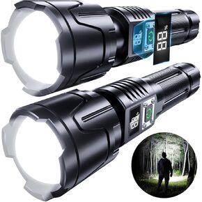 Rechargeable Flashlights High Lumens - 900000LM Super Bright Flashlight - LED Flashlight with LCD Display, Zoomable, Waterproof, Handheld Flashlights for Emergencies, Camping - 2 Pack, Medium
