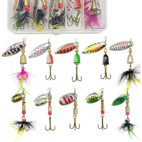 Spinnerbait Fishing Lures Set, 10pcs Hard Metal Baits with Rooster Tail and Tackle Box, for Bass Trout Salmon Walleye in Freshwater and Saltwater