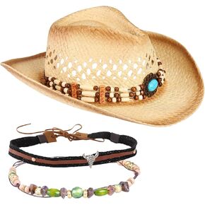 قبعة رعاة البقر من القش للرجال والنساء قبعة راعية البقر الغربية قبعة منسوجة للشمس مع قطعتين من الأربطة الزخرفية القابلة للاستبدال باللون البني in Kuwait