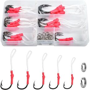 56pcs Assist Fishing Hooks with PE Line and Fishing Split Rings Saltwater Jigging Assist Hooks Stainless Steel Split Rings Slow Pitch Jig Hooks for Trolling
