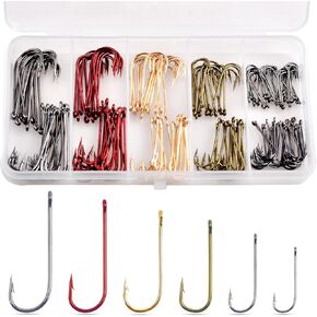 150pcs Aberdeen Hooks Kit, Fishing Hooks Long Shank Light Wire Hooks Offset Fish Hooks High Carbon Steel Live Bait Hooks for Bass Trout Crappie Freshwater Mix Color