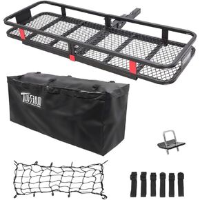 TUFFIOM 500lbs 60 x 20 x 6 inch Hitch Mount Cargo Carrier, Folding Trailer Steel Luggage Rack Basket w/Waterproof Cargo Bag, Straps, Net, Stabilizer & 2" Receiver for Travel Camping SUV