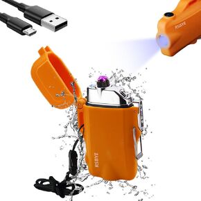 Plasma Lighter Waterproof Windproof Lighter Dual Arc Lighter with LED Flashlight, Rechargeable USB Lighter Flameless Electric Lighter with Lanyard for Camping, Hiking(Black)