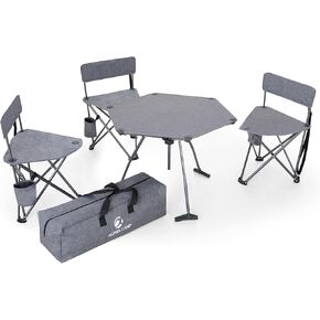 ALPHA CAMP Tripod Camping Chairs and Table Set of 4, Tripod Stool with Backrest & Lightweight Camp Table, Portable Camp Chair with Carry Strap, Cup Holder, Carry Bag for Adults Hiking, Fishing, Picnic