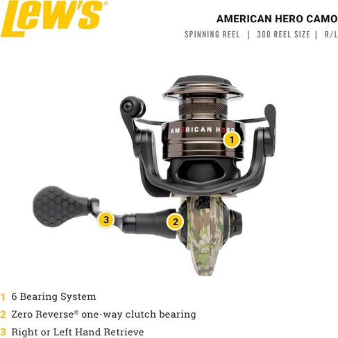 Lew’s American Hero Camo Spinning Fishing Reel, 5+1 Bearings, 6.2:1 Gear Ratio, One-Piece Graphite Frame, Oiled Felt Multi-Disc Drag, Interchangeable Retrieve, Camo/Black in Saudi Arabia