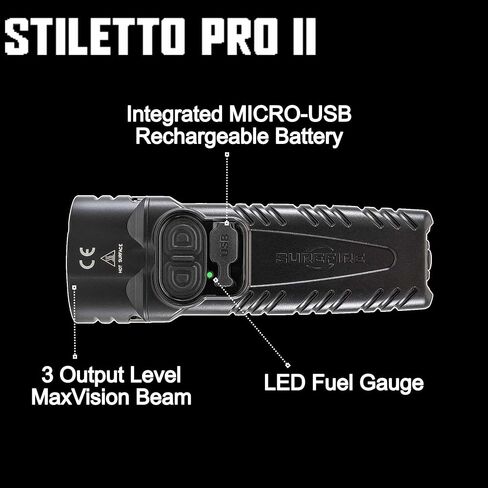 Lumintrail Sure Fire Stiletto PRO II (PLR-C) مصباح جيب متعدد المخارج قابل لإعادة الشحن 1500 لومن حزمة LED مع محول حائط USB - مصباح يدوي تكتيكي EDC، مخرج قابل للبرمجة، مشبك جيب in Saudi Arabia