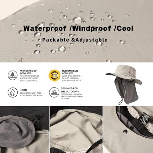 L/XL/XXL UV Protection Mens Sun Hat with Cooling Neck Flap Sunglass Lock Wide Brim Fishing Hats Waterproof & Packable in Saudi Arabia