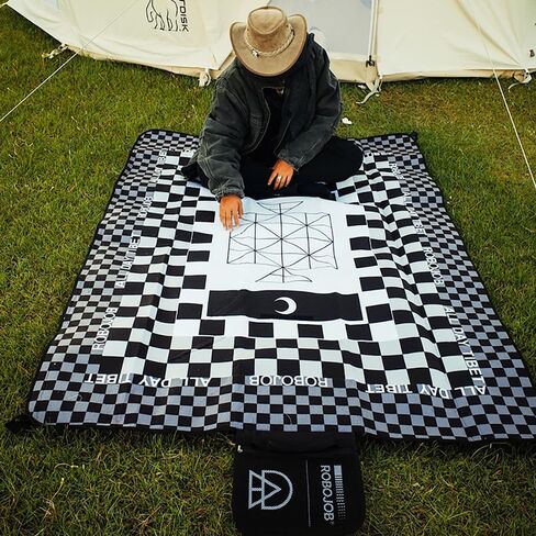 All Day Tibet 5' x 7' Beach Picnic Soft Blanket with Mesh Pocket: Foldable Mat for Outdoor Picnics, Camping, and Sandy Escapades | Includes Traditional Tibetan Chess Game | Classic Black & White in Saudi Arabia