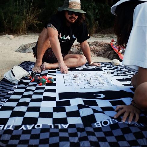 All Day Tibet 5' x 7' Beach Picnic Soft Blanket with Mesh Pocket: Foldable Mat for Outdoor Picnics, Camping, and Sandy Escapades | Includes Traditional Tibetan Chess Game | Classic Black & White in Saudi Arabia