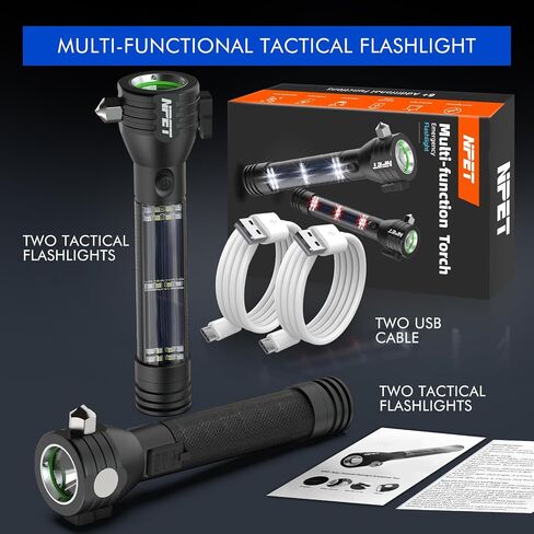 NPET T08-2 Solar Power Flashlight Car Flashlight USB Rechargeable Tactical Multi-Function Torch Emergency Tool (T08-2pack) in Saudi Arabia