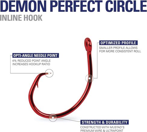 Mustad Demon Perfect Circle, in-Line 1X Fine Wire - Red-Size 5/0 - Pack of 10 in Saudi Arabia