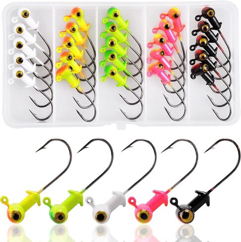 25pcs Painted Crappie Jig Head Hooks Set, Assorted Football Head Fishing Jig Hook for Bass Walleye Trout 1/8oz 3/16oz 1/4oz in Saudi Arabia