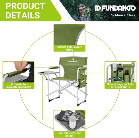 Portable Lightweight Folding Camping Director Chair with Side Table Oversized Camp Chair Aluminum Fold Up Chair Outdoor Chairs for Picnic, Sports, BBQ, Fishing, Heavy Duty Holds up to 300lbs in Saudi Arabia