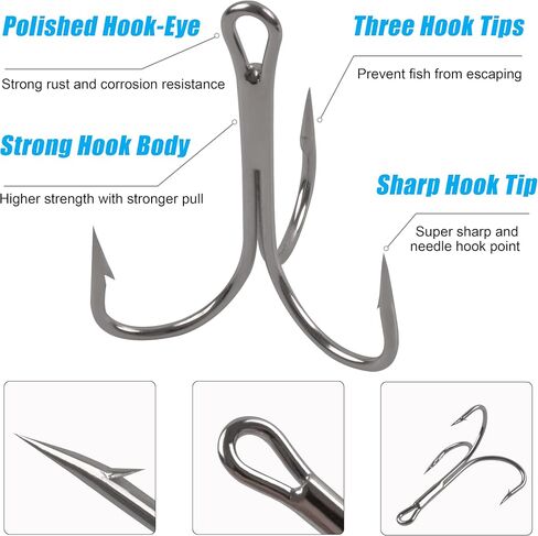Classic Treble Hooks -10/20pcs Saltwater Treble Hooks Silver Triple Barbed Fish Hook Sharp Saltwater Triple Hooks Large Size Big Game Triple Hooks Size 4/0 6/0 7/0 8/0 10/0 in Saudi Arabia