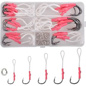 Fishing Assist Hooks with PE Line Kit, 55pcs Saltwater Jig Hooks Butterfly Jigging Assist Hooks Slow Fast Jigs Hooks for Dolphin Halibut Tuna
