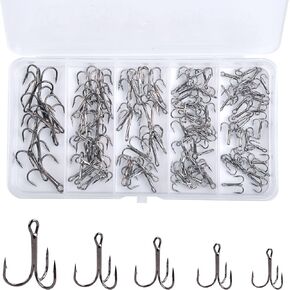 Fishing Treble Hooks Kit for Saltwater Freshwater, 115pcs High Carbon Steel Black Triple Hooks Round Bend Sharp Treble Hooks Replacement Fishing Hooks for Catfish Bass Lure Baits