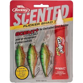 Berkley Scented Flicker Shad Pro 3 Pack Fishing Lure, Flashy Perch, 5/16 oz, 2.75in | 7 cm, Size, Profile and Dive Depth Imitates Real Shad, Equipped with Fusion19 Hook