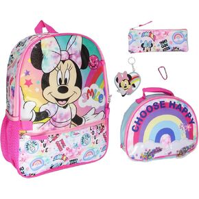 Bioworld Disney Minnie Mouse Choose Happy 5pc Set Backpack Lunch Box Key Chain Pencil Case Carabiner