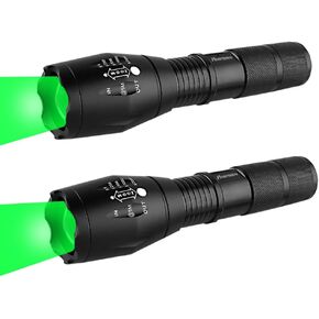 Green Hunting Flashlight Green LED Flashlight Green Handheld Light - Zoomable, Water & Shock Resistant Night Hunting Lights for Fishing Hog Pig Coyote Varmint Predator Rifle (2 pack)