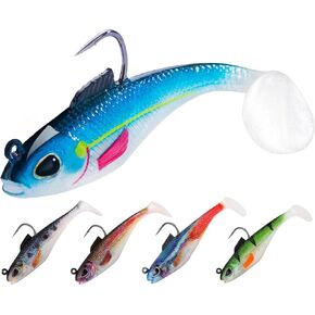 5 Pieces Pre-Rigged Jig Head Soft Fishing Lures, Paddle Tail Swimbaits Soft Plastic Fishing Lures Bass Trout Walleye, Sinking Fishing Lures with Lead Block Inside for Freshwater Saltwater