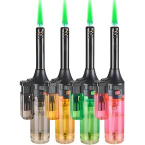 4 Pack of Torch Lighter, Jet Green Flame Lighter Refillable Butane Gas with Visible Fuel Tank, Cool Windproof Design Adjustable Flame Lighter for Candle,Kitchen,Outdoor,Grill (without Butane Gas)